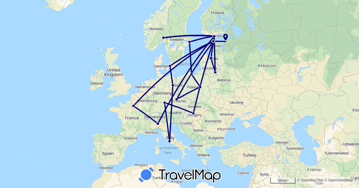 TravelMap itinerary: driving in Czech Republic, Germany, Denmark, Estonia, Finland, France, Hungary, Italy, Lithuania, Latvia, Norway, Poland, Sweden, Vatican City (Europe)